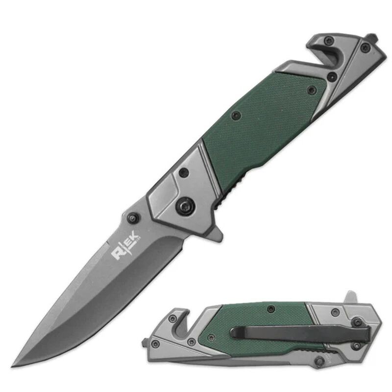 4.75" Green G-10 Handle Assist Open Folding Knife with Belt Cutter & Glass Breaker, , large image number 0